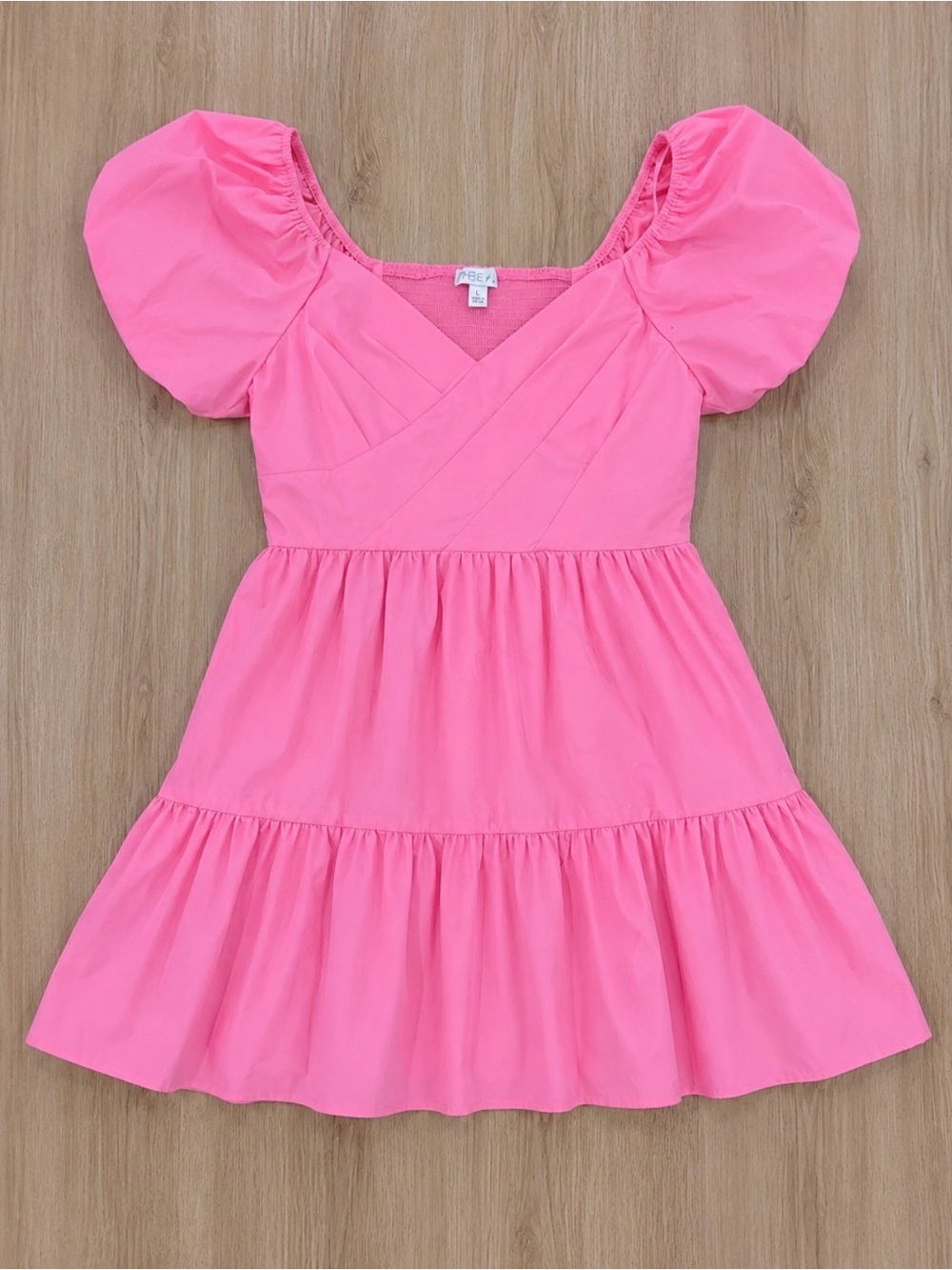 She + Sky Pink Puff-Sleeve Tiered Dress